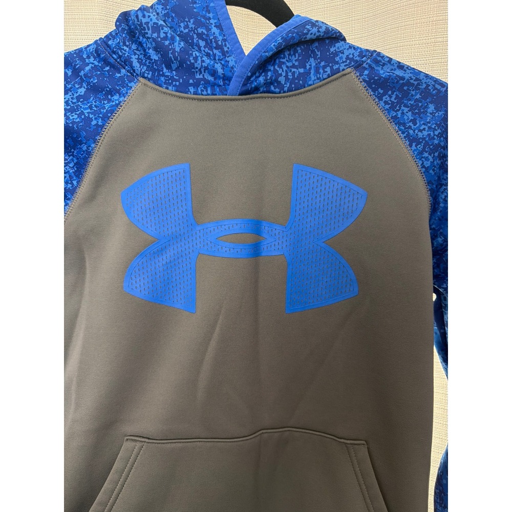 Under Armour ColdGear Hoodie Youth Medium Grey Blue Digital Camo Loose Fit Logo
